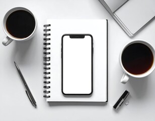 Workspace essentials - Coffee, notebook, and smartphone for productivity.