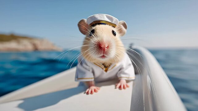 Adorable small rodent dressed in a captain's outfit, enthusiastically exploring the edge of a boat, showcasing playful expressions and vibrant ocean backdrop, camera captures dynamic motion sequence