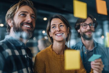 Group of young professionals collaborating during brainstorming session, using colorful sticky notes on glass wall in modern office.