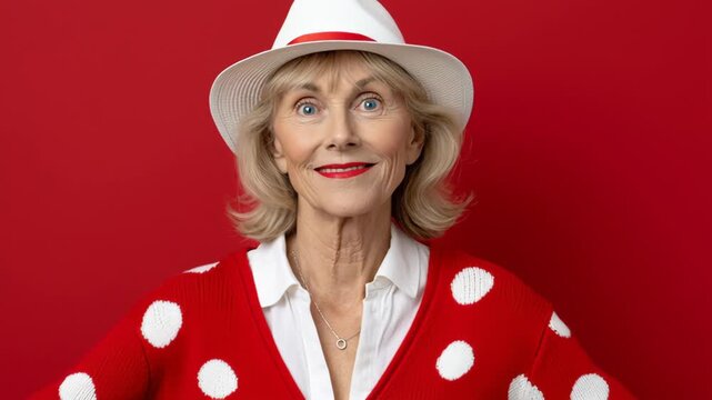 Senior woman with stylish hat and polka dot cardigan, confidently poses against vibrant red backdrop, showcasing her joyful expression, camera performs a subtle zoom in to capture her charisma and cha