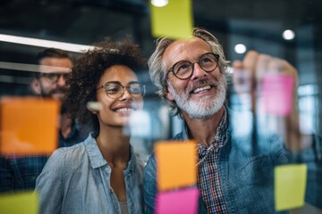 Group of young professionals collaborating during brainstorming session, using colorful sticky notes on glass wall in modern office.