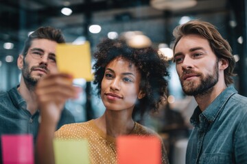 Group of young professionals collaborating during brainstorming session, using colorful sticky notes on glass wall in modern office.
