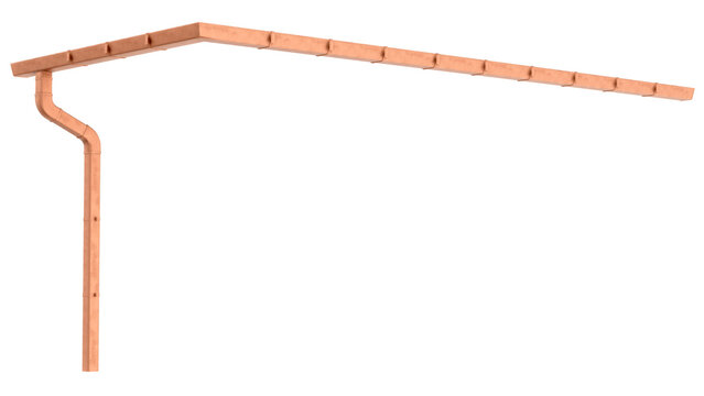 3d render of new copper gutter and vertical downspout assembly, high-quality building material.