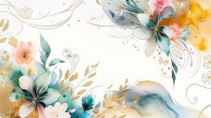 Refined watercolor backdrop. Botanical lines, gold texture, soft strokes, floral patterns. Warm, luxe, pastel colors, metallic accents, greenery. Ideal for upscale decor, wallpaper