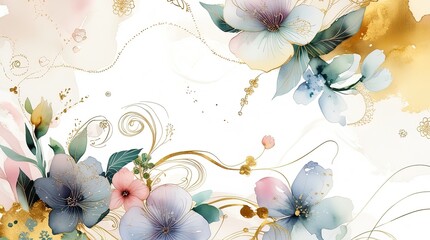 Refined watercolor backdrop. Botanical lines, gold texture, soft strokes, floral patterns. Warm, luxe, pastel colors, metallic accents, greenery. Ideal for upscale decor, wallpaper