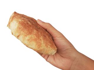 Holding a loaf of bread, isolated on a PNG background.