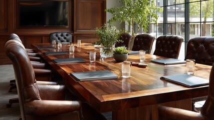 Conference Room with Large Wooden Table and Leather Chairs for Meeting
