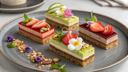 Four Rectangular Layered Desserts Topped with Fruit and Flowers