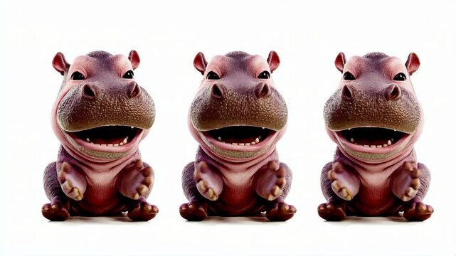 Cute hippo toys with open mouths on white background
