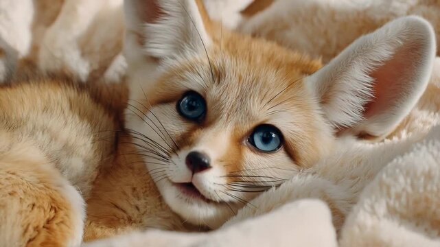 Adorable fennec fox with bright blue eyes resting on soft blanket