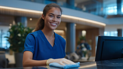 A multicultural cleaning staff disinfecting high-touch surfaces in an educational or healthcare facility, representing teamwork, inclusivity, hygiene standards, and the vital role of sanitation in