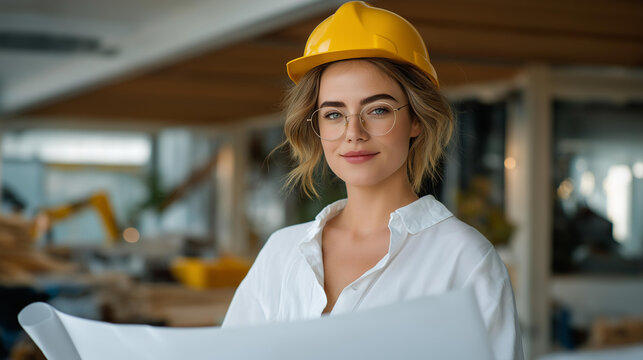 A female architect presenting design plans to a corporate client amid renovation tools and materials, highlighting diversity, inclusion, professionalism, and the collaboration between creative and