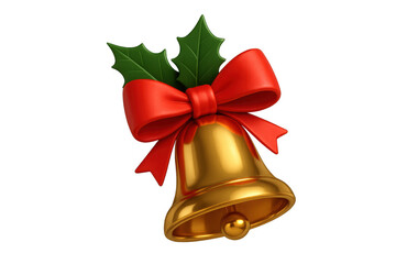 Golden christmas bell decorating with red bow and green holly leaves on transparent background