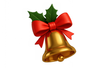 Golden christmas bell decorating with red bow and green holly leaves on transparent background