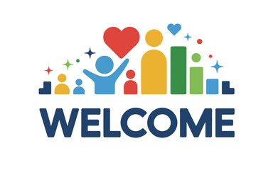 Colorful welcome message with diverse people and stars