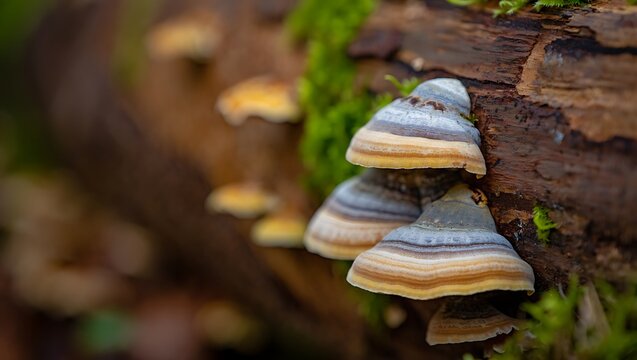Bracket Fungus Growing on Log in Forest Moss, Tree Trunk Texture, Natural Habitat