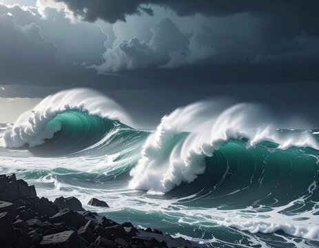 Two giant, turquoise ocean waves crash against a rocky shore, stormy skies above