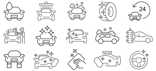 Car wash vector icon set. Car wash cleaning service icon set. Icon for engine cleaning, soap suds, ceramic coating, water spray, wheel scrub, seat cleaning, wash rinse and more. Vector illustration.