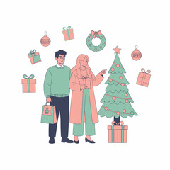 Couple admiring Christmas tree surrounded by gifts and festive decorations.