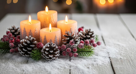 Christmas Advent Wreath With Burning Candles On Snowy Wooden Background.