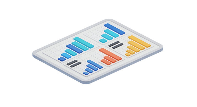 3d icon of tablet displaying various bar charts isolated on transparent background business data and analysis concept