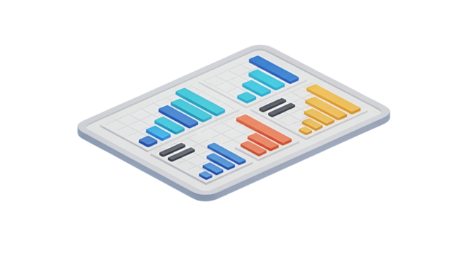 3d icon of tablet displaying various bar charts isolated on transparent background business data and analysis concept