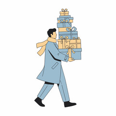 Man carrying a tall stack of gift boxes.