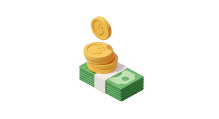 3d icon of isometric illustration of a stack of money and coins isolated on transparent background for financial concept
