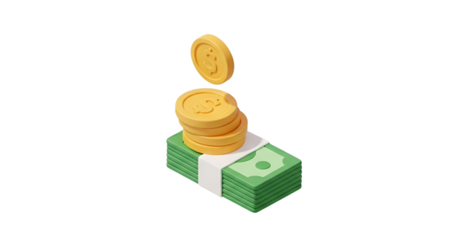 3d icon of isometric illustration of a stack of money and coins isolated on transparent background for financial concept