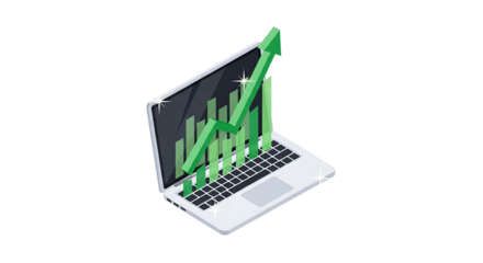 3d icon of isometric laptop with green arrow graph going up, isolated on transparent background vector illustration