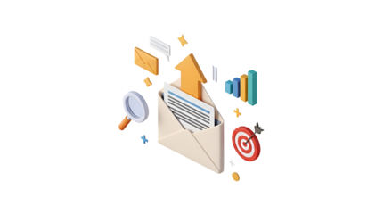3d icon of isometric email marketing campaign isolated on transparent background, a visual representation of digital strategy