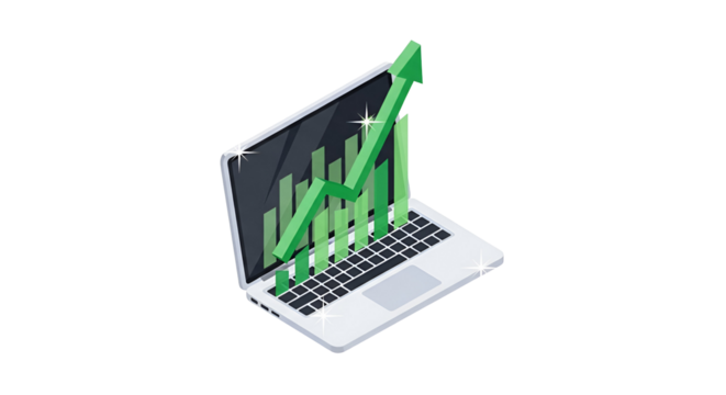 3d icon of isometric laptop with green arrow graph going up, isolated on transparent background vector illustration