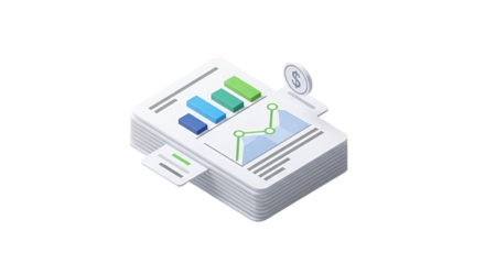 3d icon of isometric illustration of business report with graph and coin isolated on transparent background