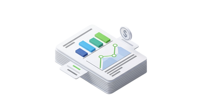 3d icon of isometric illustration of business report with graph and coin isolated on transparent background