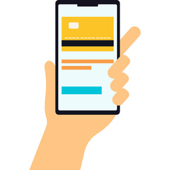 Hand holding a smartphone displaying a credit card and payment interface with a yellow and blue color scheme isolated on a transparent background