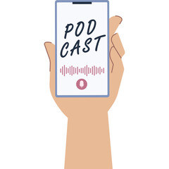 Hand holding a smartphone displaying the word podcast and audio wave illustration with a play button on a transparent background