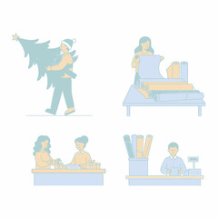 People preparing for the holidays with Christmas tree and gifts.