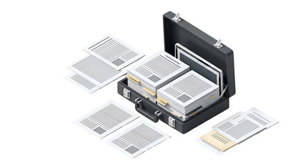 3d icon of isometric view of a briefcase filled with money and documents isolated on transparent background