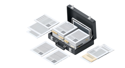 3d icon of isometric view of a briefcase filled with money and documents isolated on transparent background