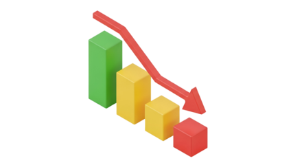 3d icon of isometric bar graph with a red arrow pointing downwards isolated on transparent background for business decline