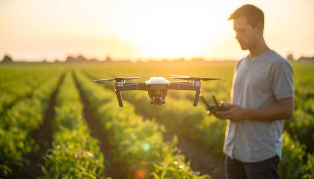 Young man operating an advanced drone over green agricultural fields at sunset, leveraging technology for modern farm management, crop inspection, and data analysis