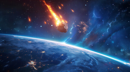 Obraz premium Asteroid impact over Earth with glowing meteor trails and nebulae in deep space planet