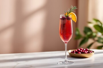 Sparkling cranberry orange cocktail with garnish on elegant marble surface