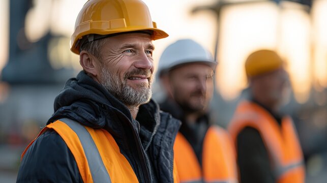 Mature male engineers in safety gear at construction site during sunrise
