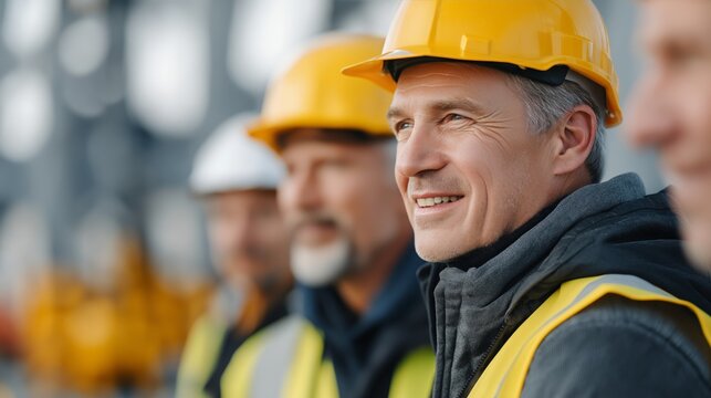 Caucasian male workers in hard hats and safety vests at construction site - Powered by Adobe