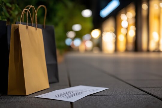Evening shopping scene with paper bags and receipt on city street