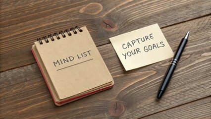 Notepad and Sticky Note with Inspirational Text on Wooden Table for Goal Setting and Mindfulness Practices