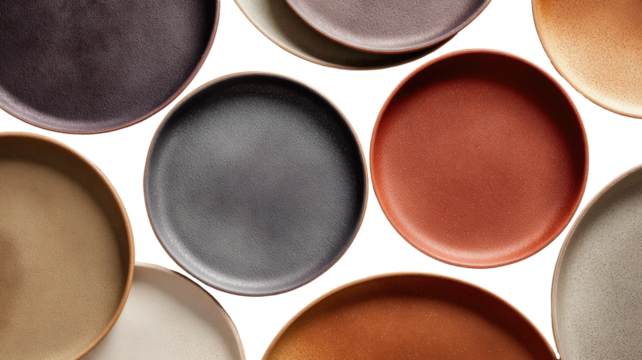 Textured, colorful plates overlapping in a close-up, aerial view