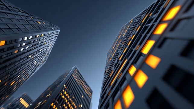 Tall modern skyscrapers with glowing windows at dusk