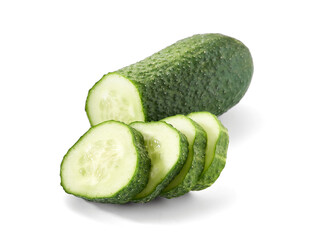 Cucumber and slices of cucumber isolated on white background.